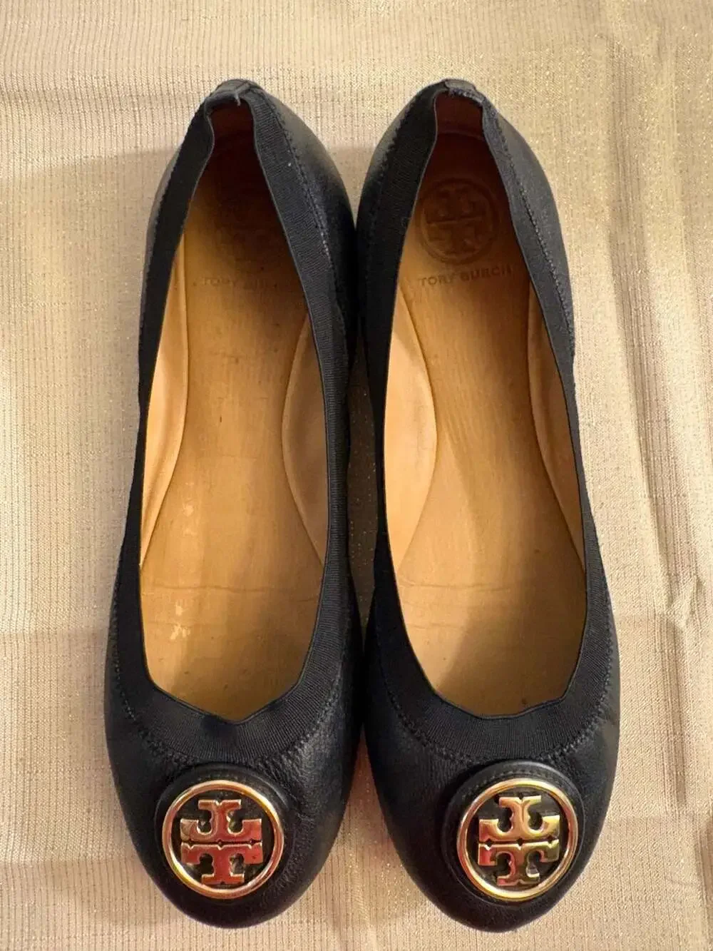 Tory Burch Black Leather Caroline Logo Emblem Ballet Flats